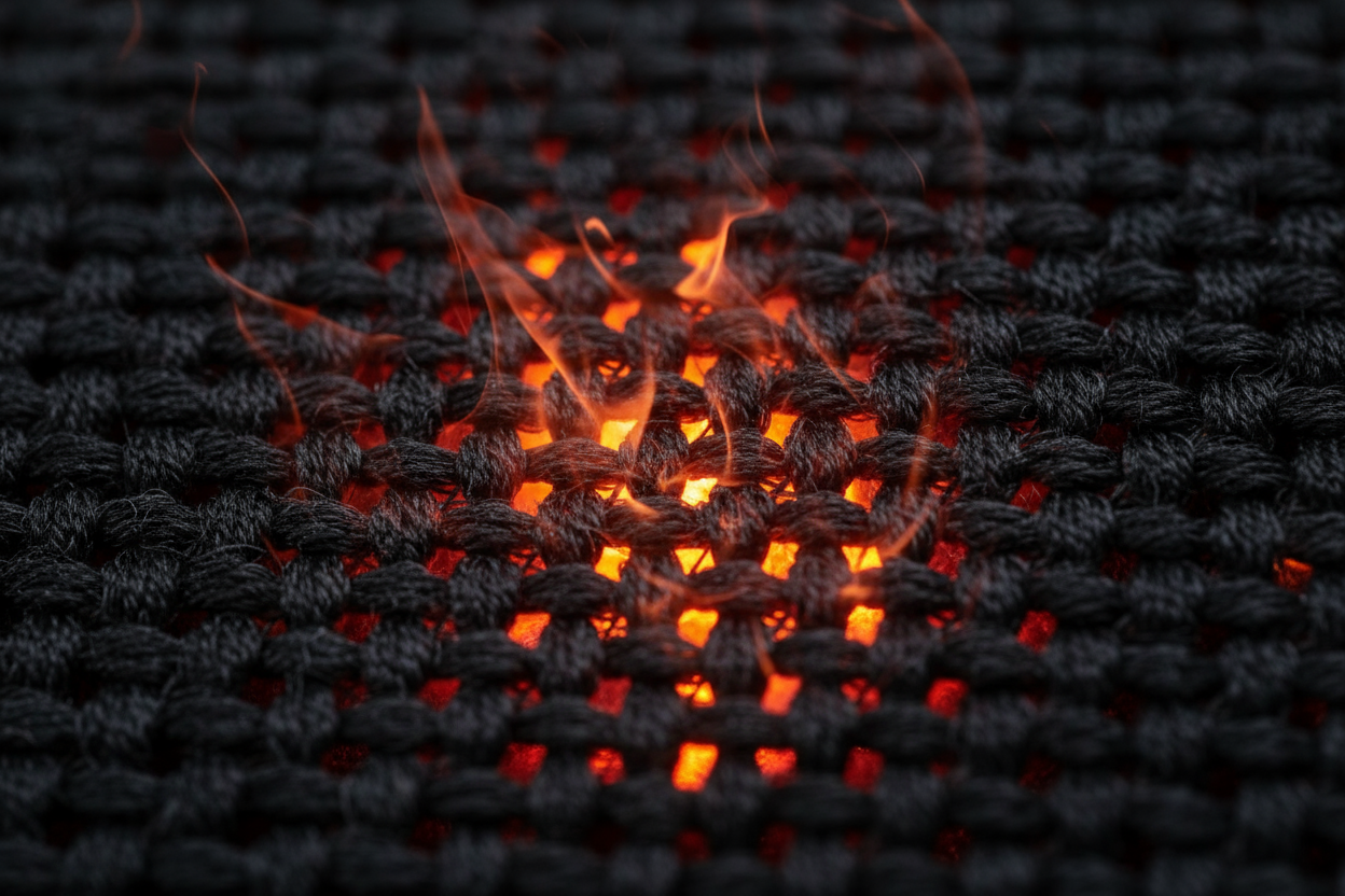 Gros plan sur le tissu de la tenue de compression noire, montrant une texture douce et isolante, avec un effet visuel de chaleur émanant de l'intérieur, comme le feu sur l'image de référence